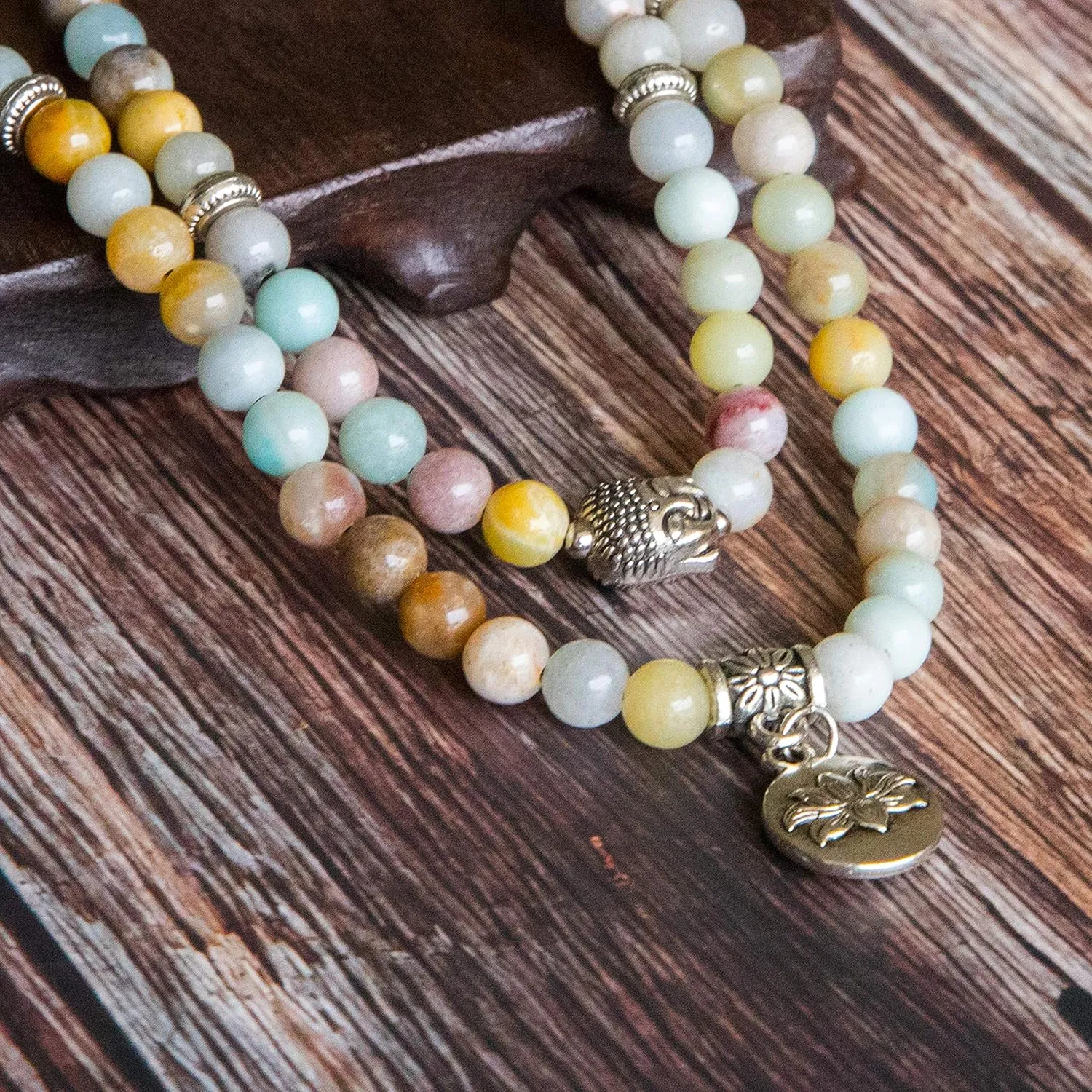 Bivei 108 Mala Beads Necklace Long Beaded Wrap Bracelets Genuine Gemstone Mala Prayer Beads Lotus Buddha Charm Yoga Meditation Necklace