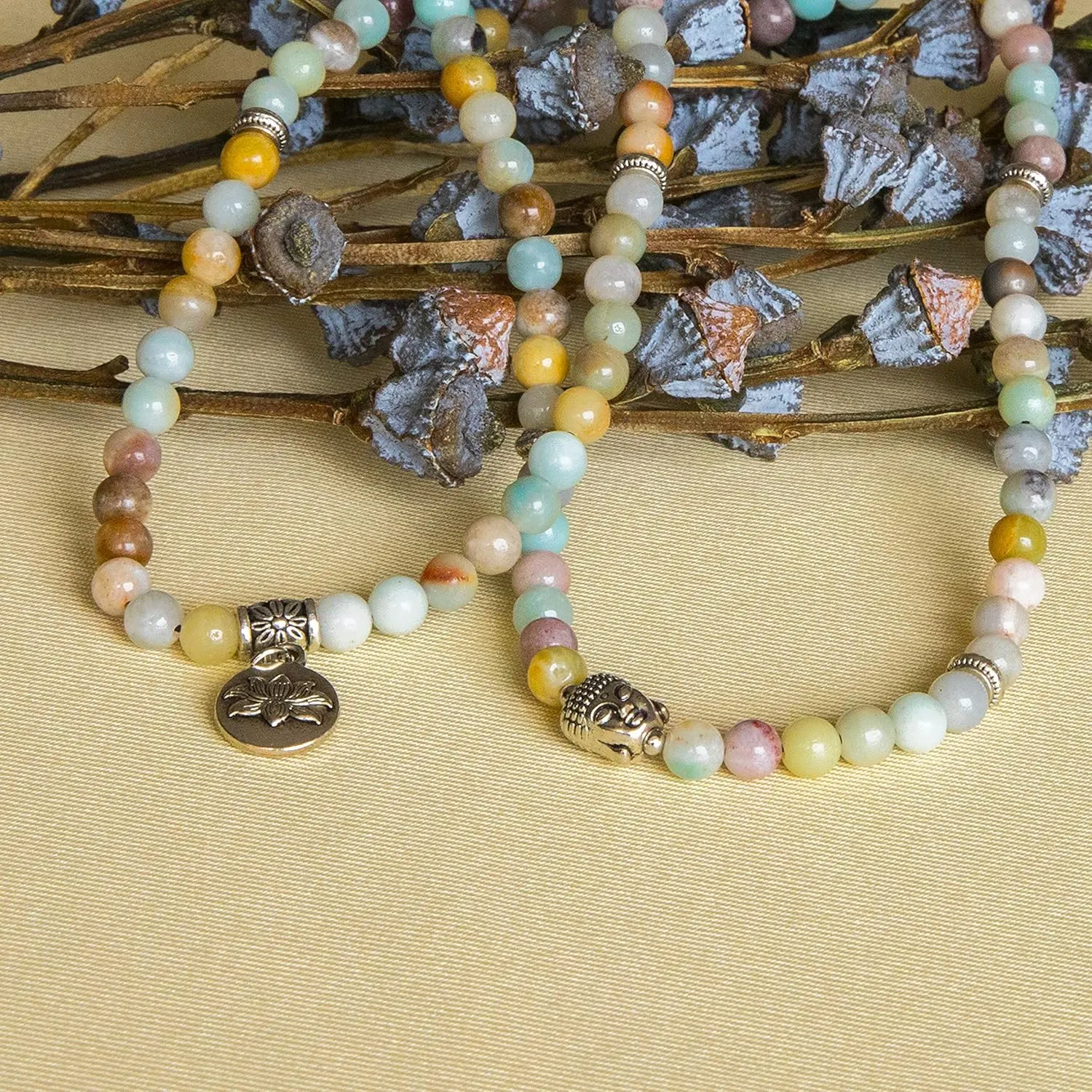 Bivei 108 Mala Beads Necklace Long Beaded Wrap Bracelets Genuine Gemstone Mala Prayer Beads Lotus Buddha Charm Yoga Meditation Necklace