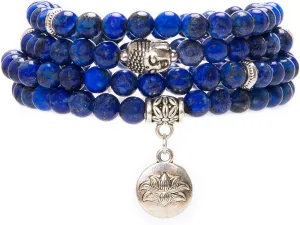Bivei 108 Mala Beads Necklace Long Beaded Wrap Bracelets Genuine Gemstone Mala Prayer Beads Lotus Buddha Charm Yoga Meditation Necklace