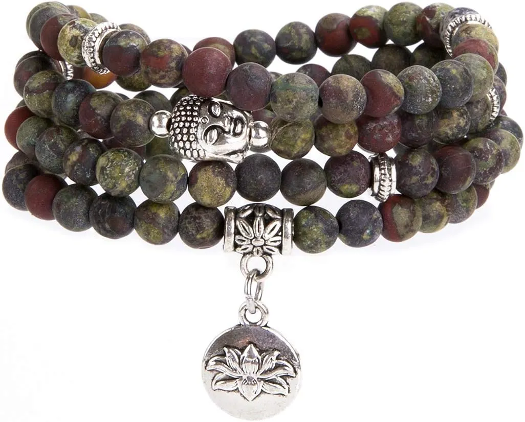 Bivei 108 Mala Beads Necklace Long Beaded Wrap Bracelets Genuine Gemstone Mala Prayer Beads Lotus Buddha Charm Yoga Meditation Necklace