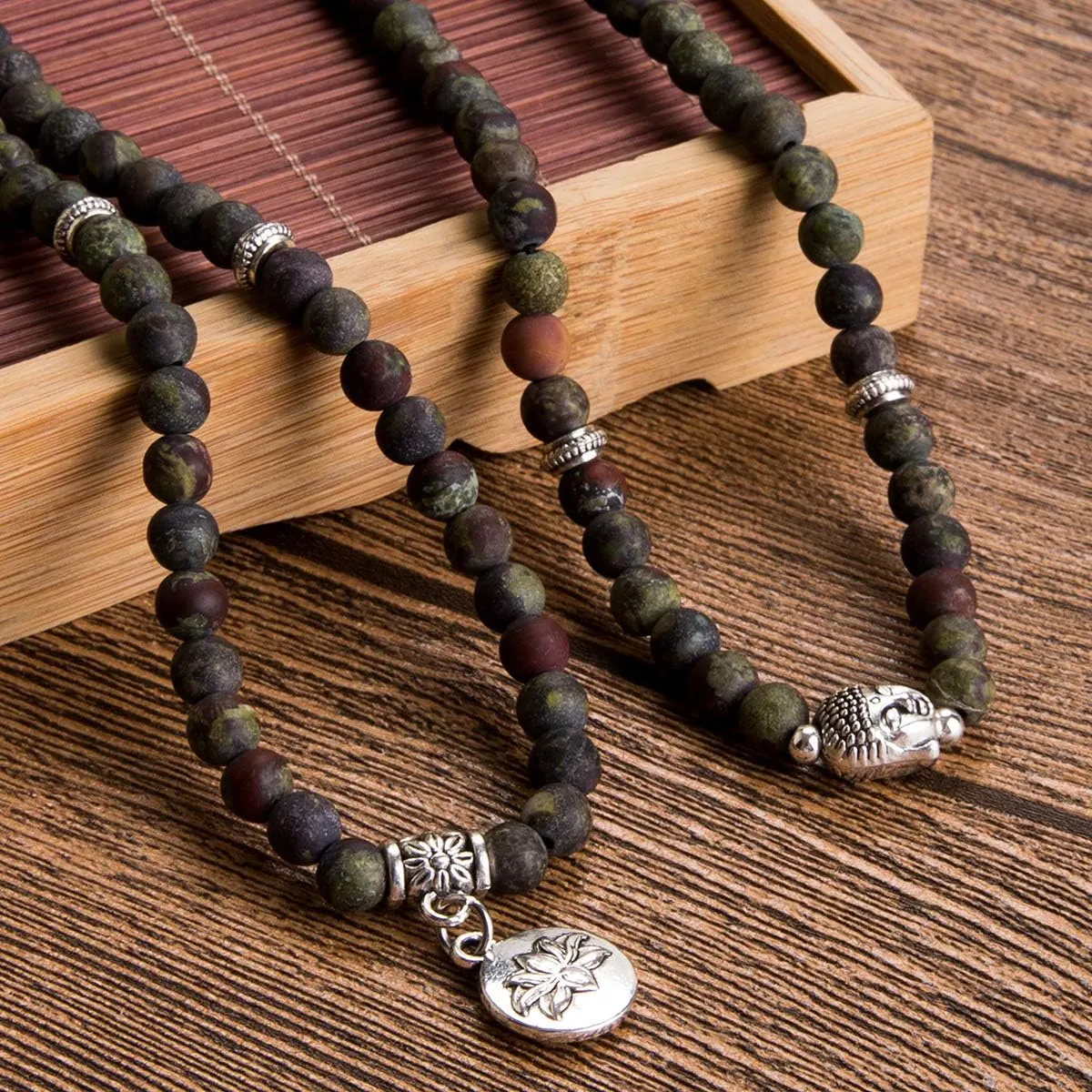 Bivei 108 Mala Beads Necklace Long Beaded Wrap Bracelets Genuine Gemstone Mala Prayer Beads Lotus Buddha Charm Yoga Meditation Necklace