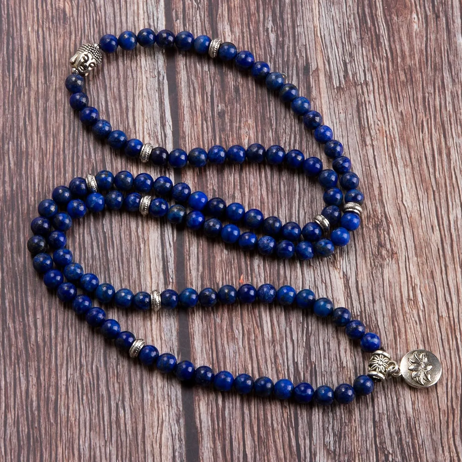 Bivei 108 Mala Beads Necklace Long Beaded Wrap Bracelets Genuine Gemstone Mala Prayer Beads Lotus Buddha Charm Yoga Meditation Necklace