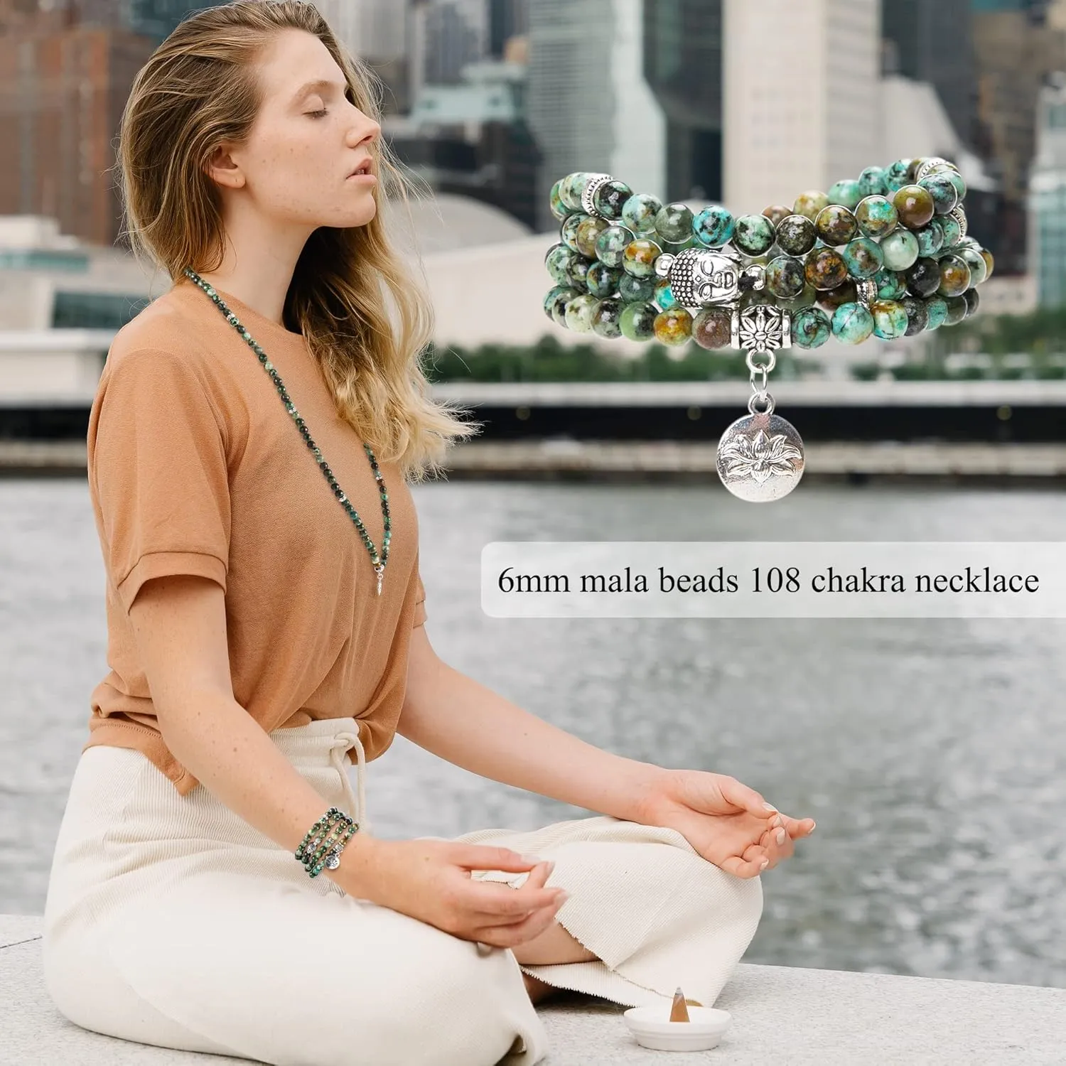 Bivei 108 Mala Beads Necklace Long Beaded Wrap Bracelets Genuine Gemstone Mala Prayer Beads Lotus Buddha Charm Yoga Meditation Necklace