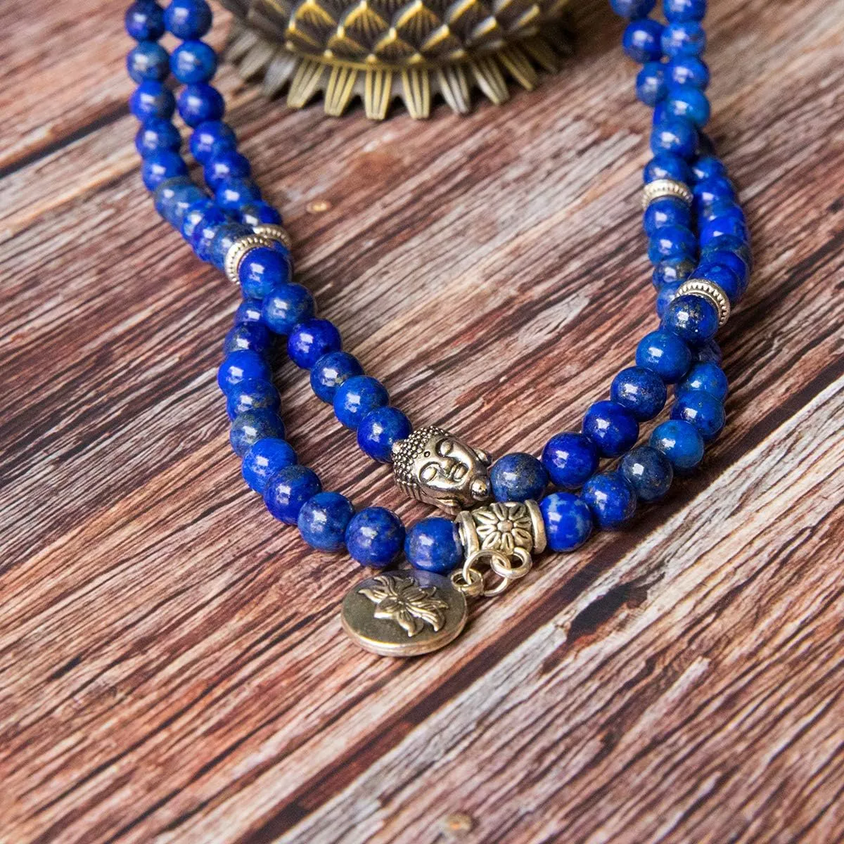 Bivei 108 Mala Beads Necklace Long Beaded Wrap Bracelets Genuine Gemstone Mala Prayer Beads Lotus Buddha Charm Yoga Meditation Necklace