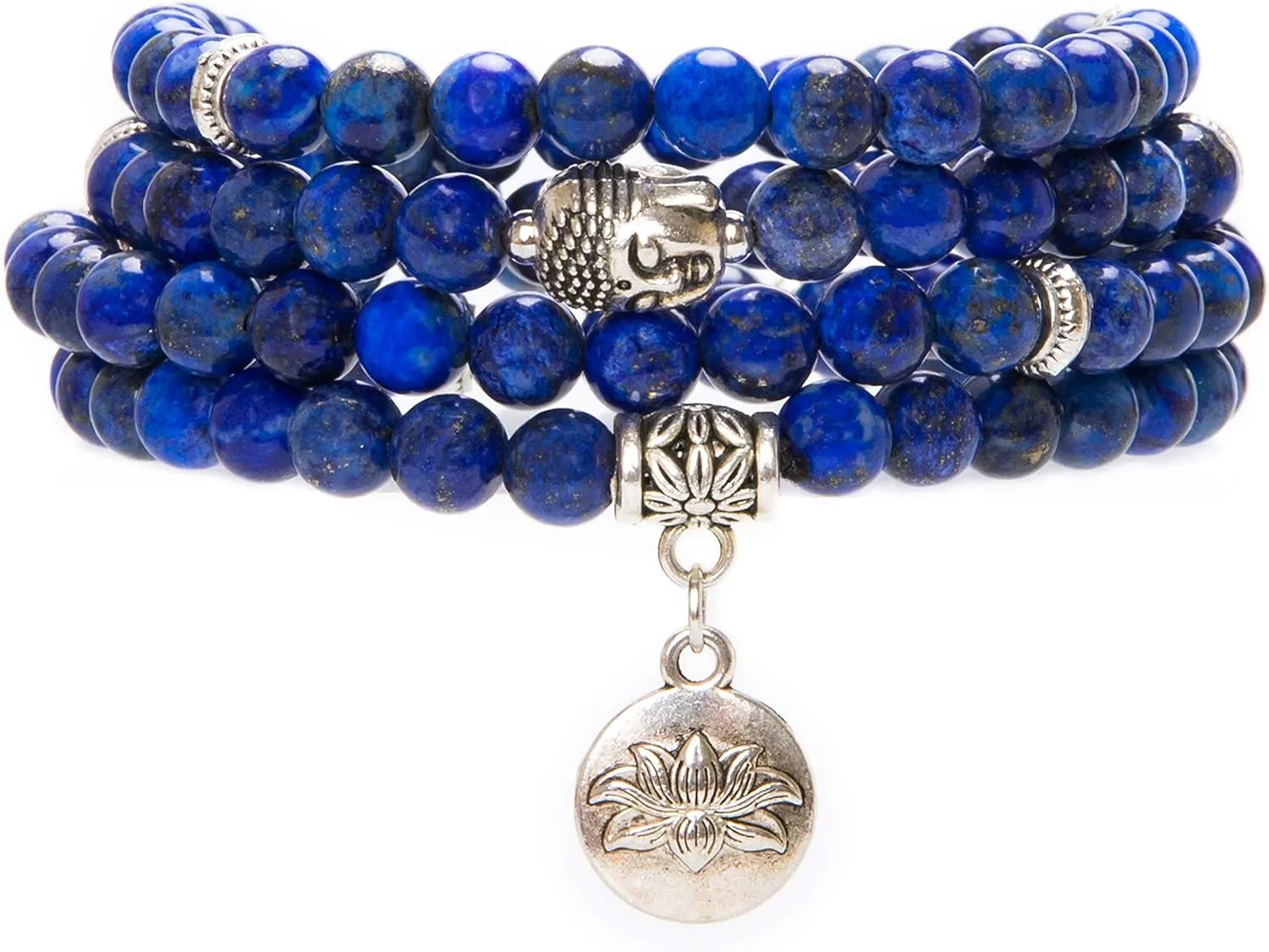 Bivei 108 Mala Beads Necklace Long Beaded Wrap Bracelets Genuine Gemstone Mala Prayer Beads Lotus Buddha Charm Yoga Meditation Necklace