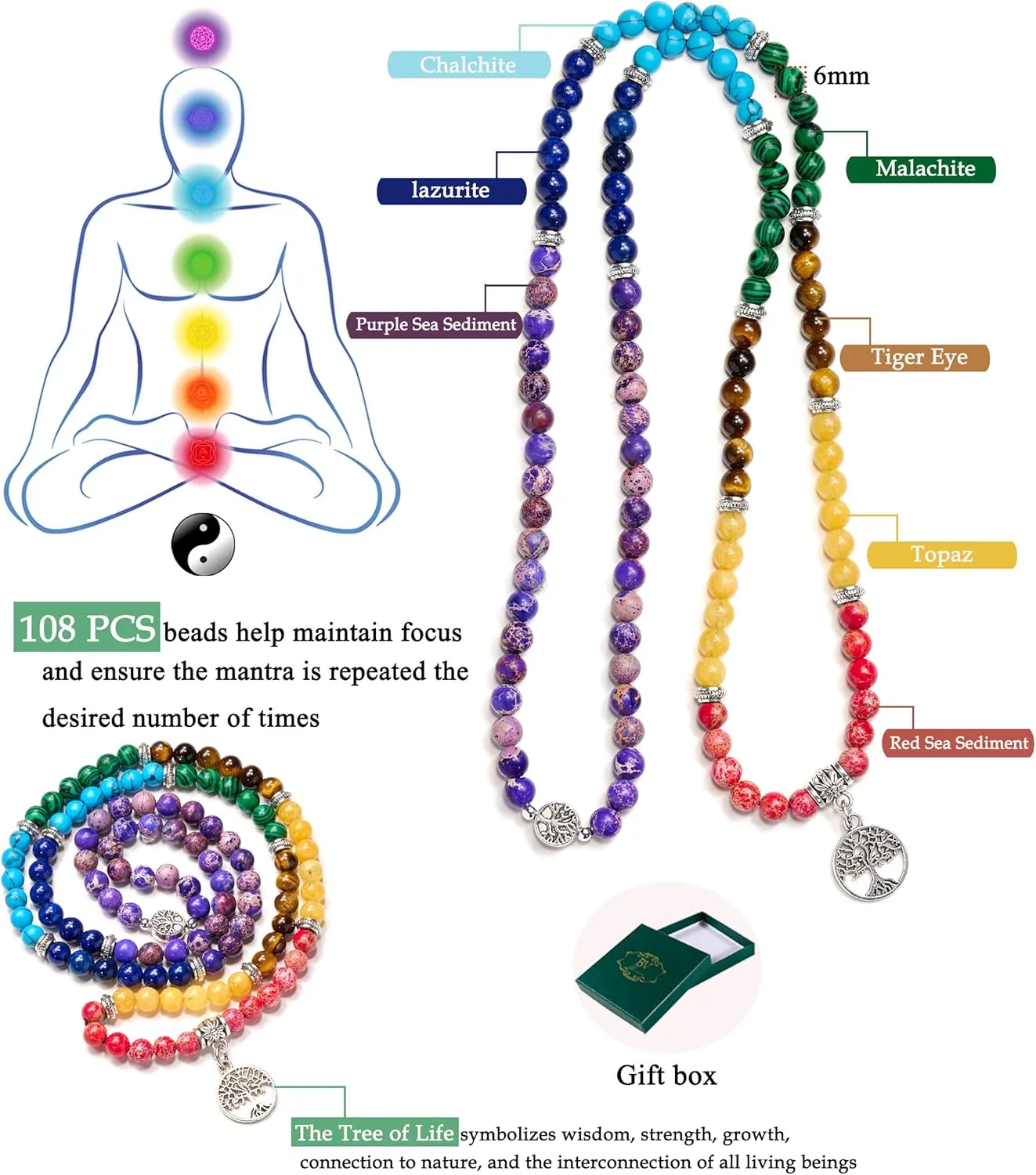 Bivei 108 Mala Beads Necklace Long Beaded Wrap Bracelets Genuine Gemstone Mala Prayer Beads Lotus Buddha Charm Yoga Meditation Necklace