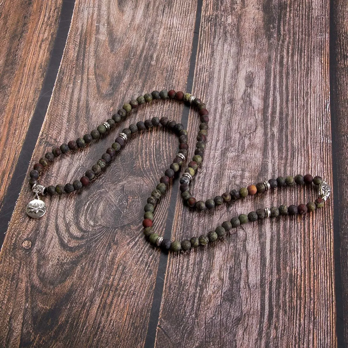 Bivei 108 Mala Beads Necklace Long Beaded Wrap Bracelets Genuine Gemstone Mala Prayer Beads Lotus Buddha Charm Yoga Meditation Necklace