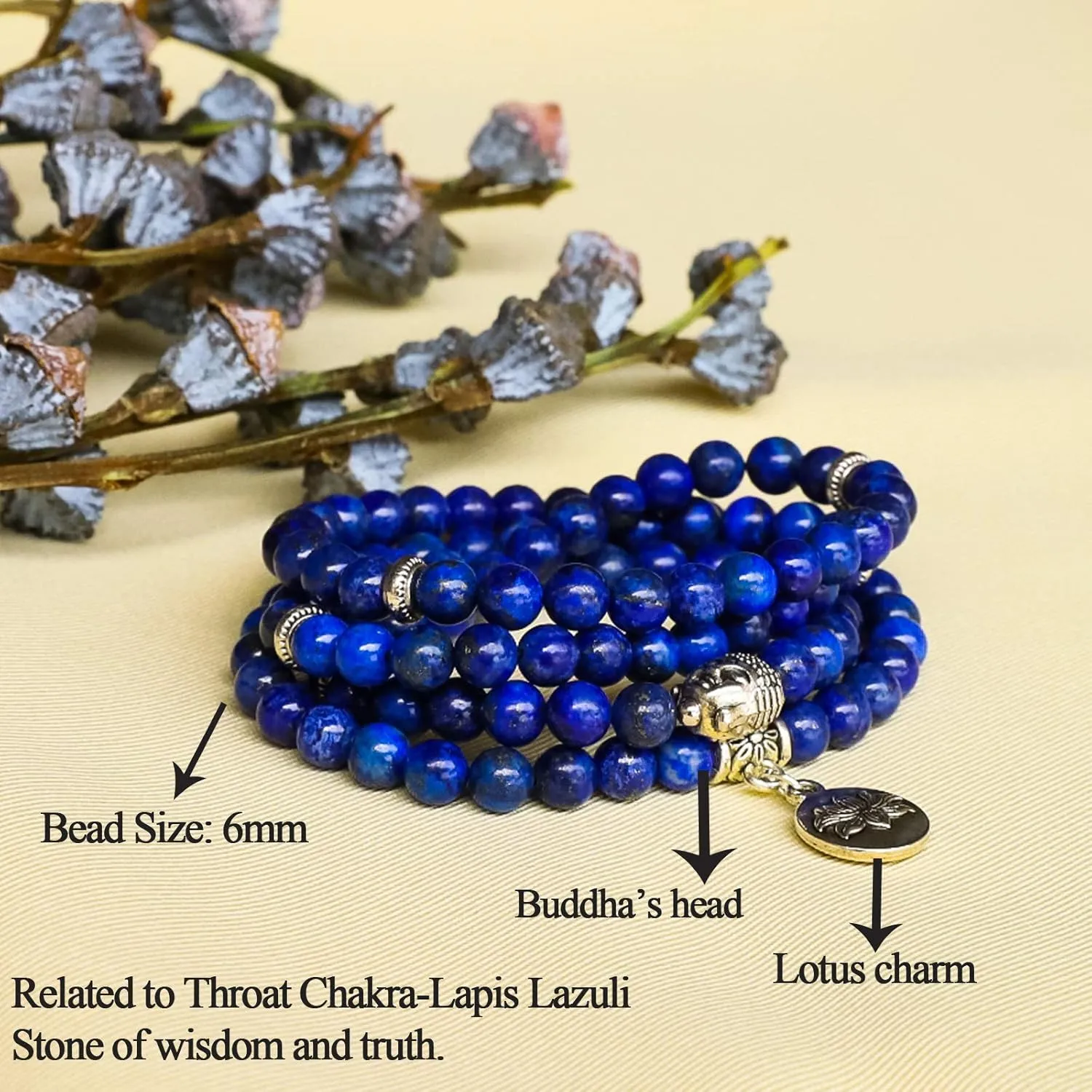 Bivei 108 Mala Beads Necklace Long Beaded Wrap Bracelets Genuine Gemstone Mala Prayer Beads Lotus Buddha Charm Yoga Meditation Necklace