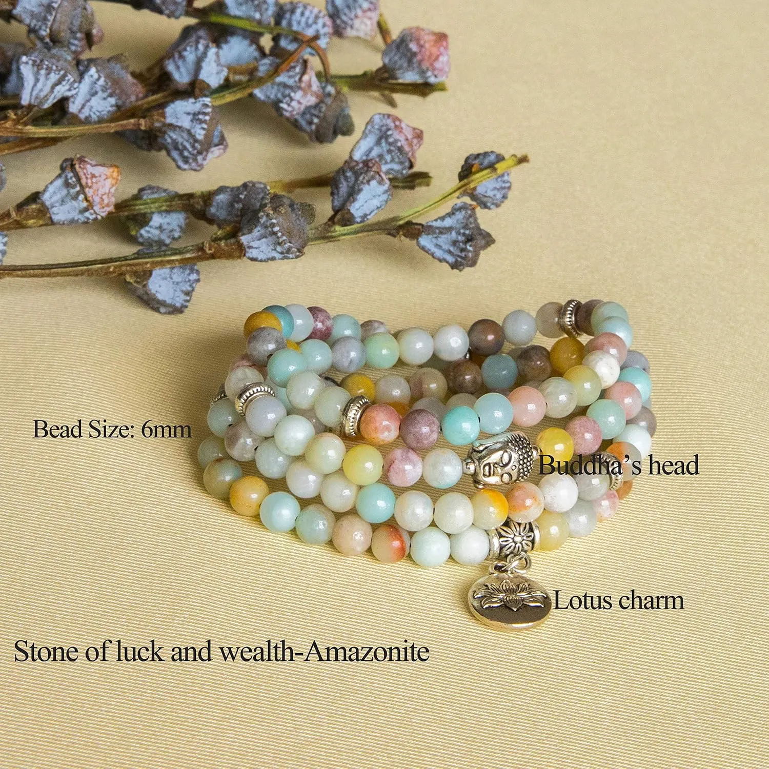 Bivei 108 Mala Beads Necklace Long Beaded Wrap Bracelets Genuine Gemstone Mala Prayer Beads Lotus Buddha Charm Yoga Meditation Necklace