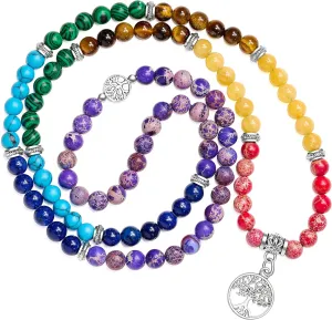 Bivei 108 Mala Beads Necklace Long Beaded Wrap Bracelets Genuine Gemstone Mala Prayer Beads Lotus Buddha Charm Yoga Meditation Necklace
