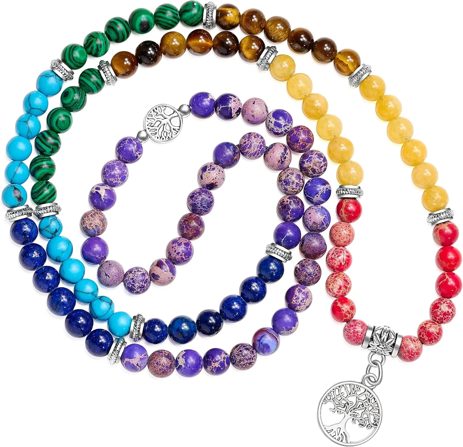Bivei 108 Mala Beads Necklace Long Beaded Wrap Bracelets Genuine Gemstone Mala Prayer Beads Lotus Buddha Charm Yoga Meditation Necklace