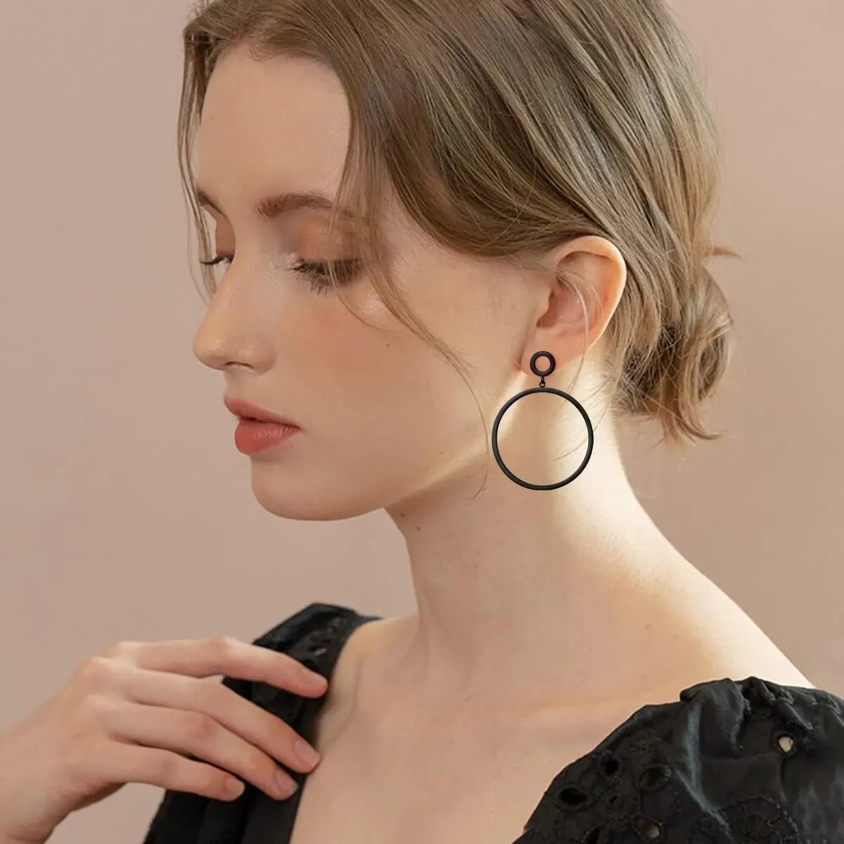 Black Gold Geometric Drop Dangle Earrings for Women Waterdrop Oval Circle Link Stainless Steel Dangle Earrings Trendy Jewelry Gifts for Women