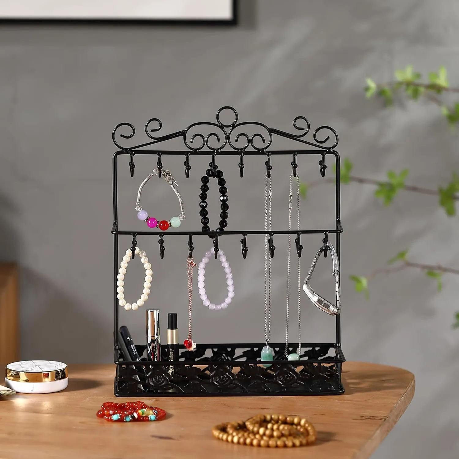 Black Metal Jewelry Holder Organizer Stand Necklace Holder Stand with 32 Hooks and Tray for Woman