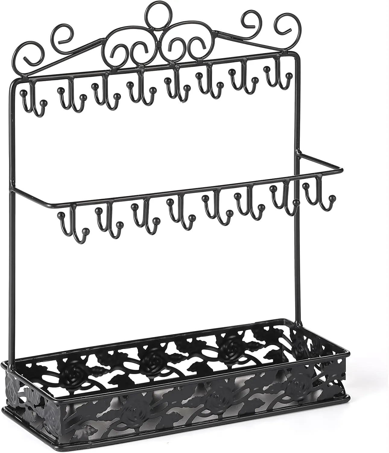 Black Metal Jewelry Holder Organizer Stand Necklace Holder Stand with 32 Hooks and Tray for Woman