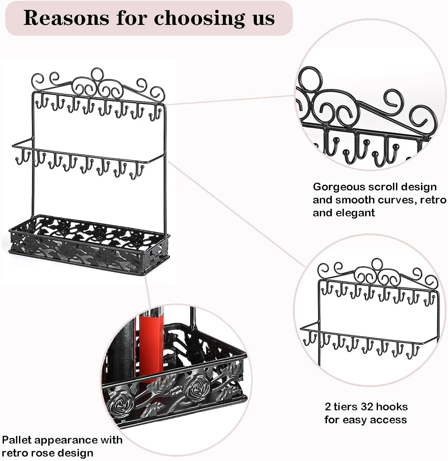 Black Metal Jewelry Holder Organizer Stand Necklace Holder Stand with 32 Hooks and Tray for Woman