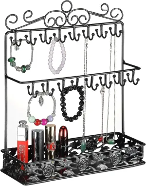 Black Metal Jewelry Holder Organizer Stand Necklace Holder Stand with 32 Hooks and Tray for Woman