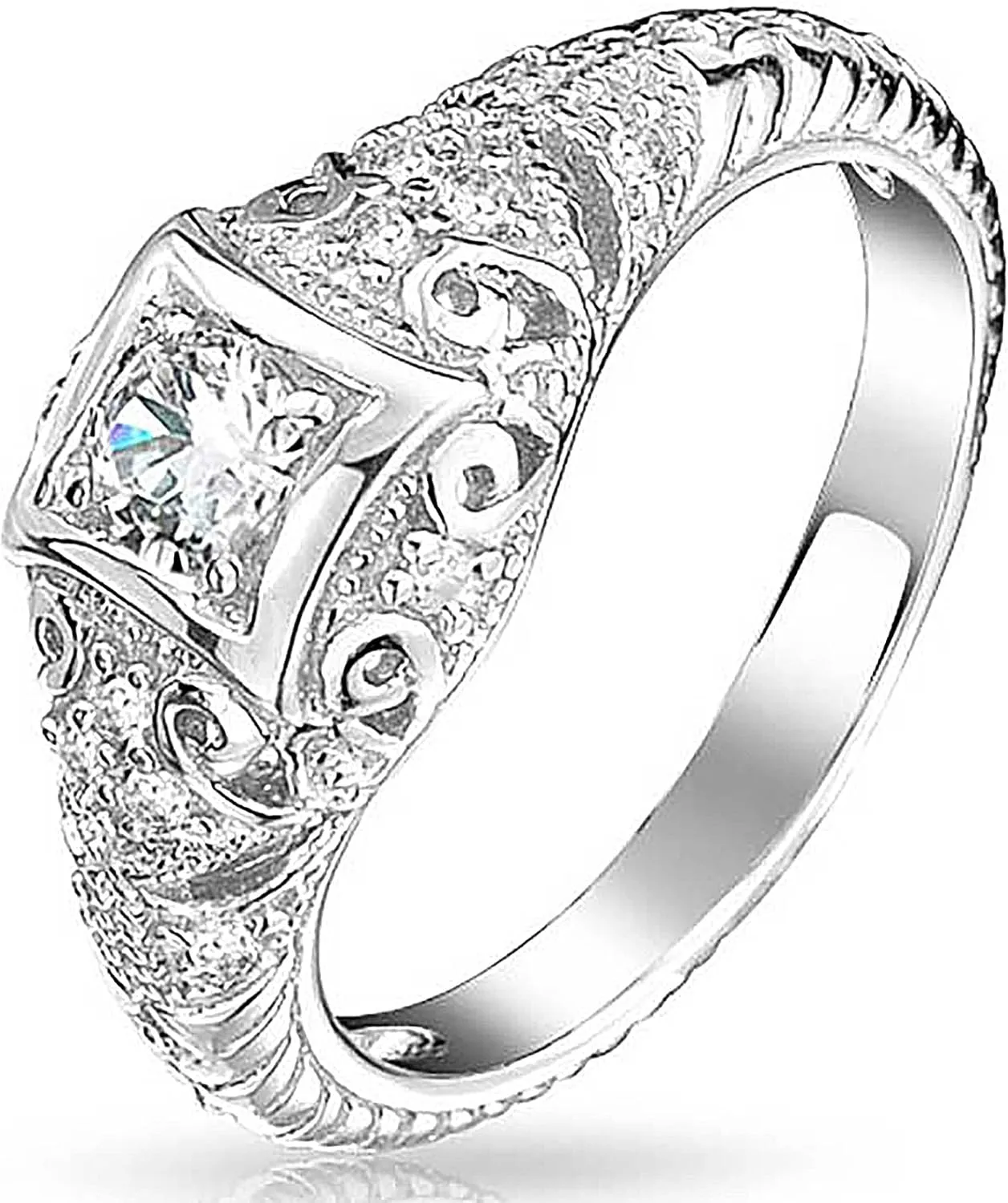 Bling Jewelry AAA CZ Victorian Vintage Art Deco Style Heirloom Milgrain 1CTW Princess Brilliant Solitaire Engagement Ring For Women .925 Sterling Silver