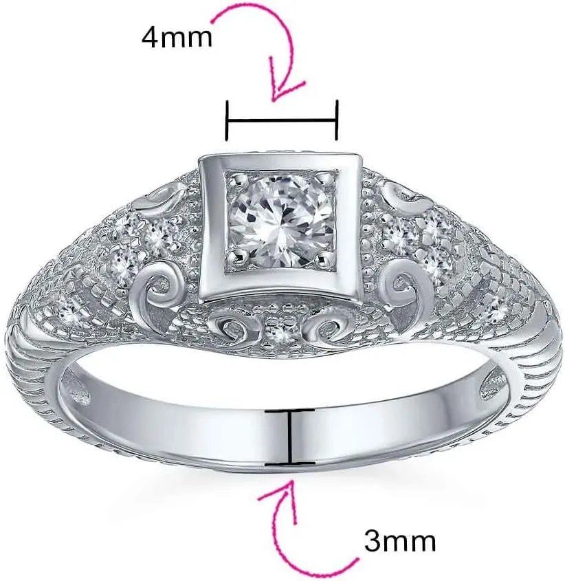 Bling Jewelry AAA CZ Victorian Vintage Art Deco Style Heirloom Milgrain 1CTW Princess Brilliant Solitaire Engagement Ring For Women .925 Sterling Silver