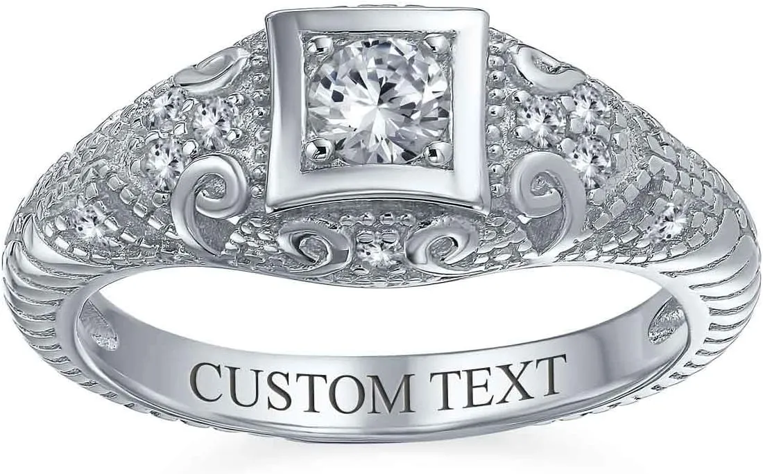 Bling Jewelry AAA CZ Victorian Vintage Art Deco Style Heirloom Milgrain 1CTW Princess Brilliant Solitaire Engagement Ring For Women .925 Sterling Silver