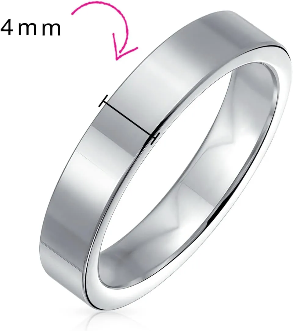 Bling Jewelry Plain Simple Flat Cigar Couples Titanium Wedding Band Rings For Men For Women Silver Tone 4MM
