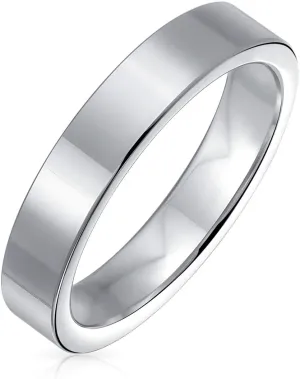 Bling Jewelry Plain Simple Flat Cigar Couples Titanium Wedding Band Rings For Men For Women Silver Tone 4MM