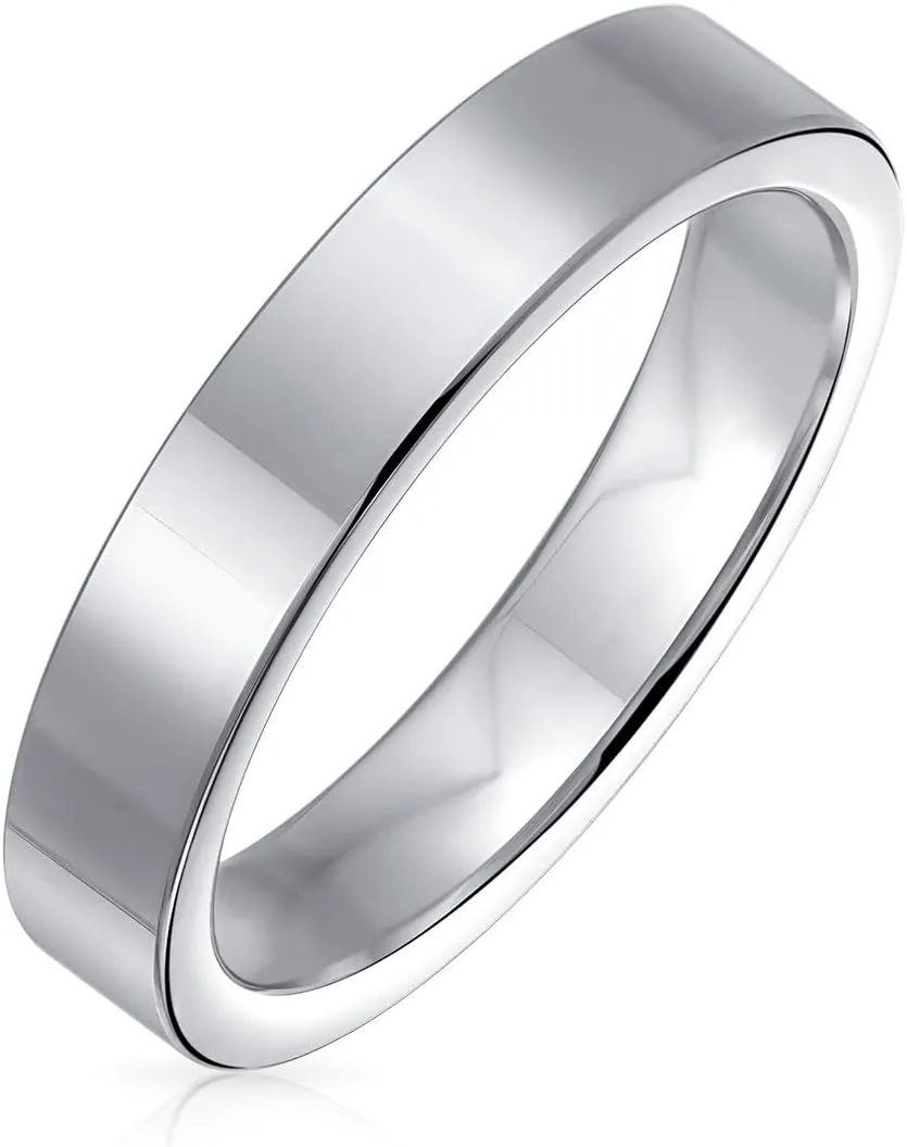 Bling Jewelry Plain Simple Flat Cigar Couples Titanium Wedding Band Rings For Men For Women Silver Tone 4MM