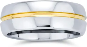 Bling Jewelry Two Tone Titanium Wedding Band With Golden Center Stripe 14K Gold Plated Ring For Men And Women Silver Tone 8MM