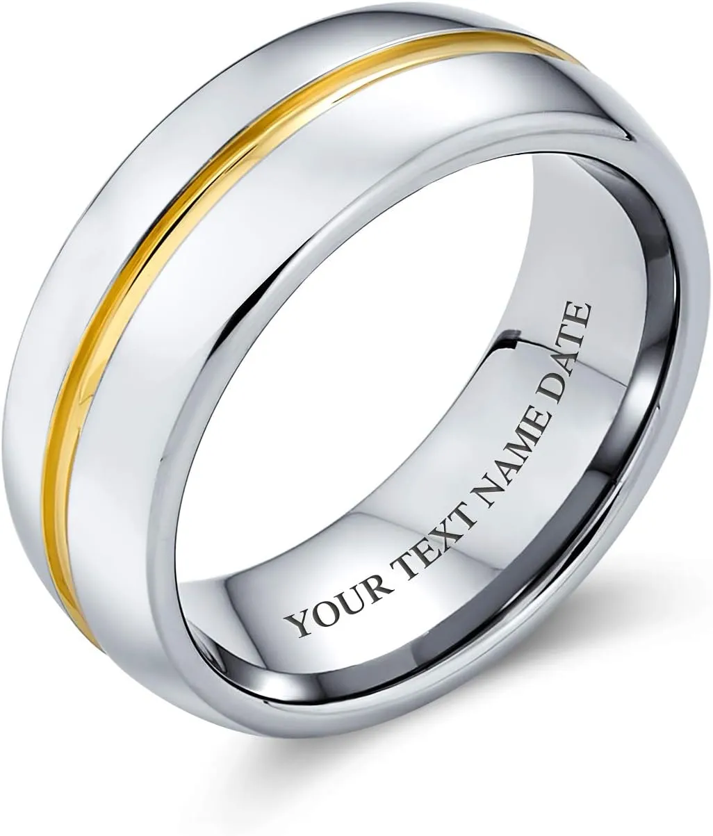 Bling Jewelry Two Tone Titanium Wedding Band With Golden Center Stripe 14K Gold Plated Ring For Men And Women Silver Tone 8MM