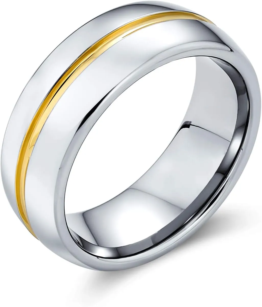 Bling Jewelry Two Tone Titanium Wedding Band With Golden Center Stripe 14K Gold Plated Ring For Men And Women Silver Tone 8MM