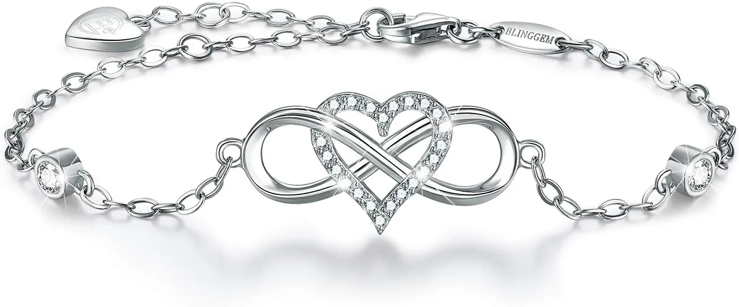 BlingGem Bracelet for Women Sterling Silver Sideways Cross/Infinity Heart Bracelets Dainty Religious Symbol Faith Confirmation Baptism Jewelry Gifts for Women