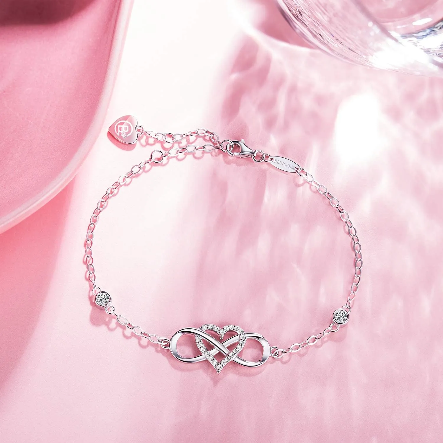 BlingGem Bracelet for Women Sterling Silver Sideways Cross/Infinity Heart Bracelets Dainty Religious Symbol Faith Confirmation Baptism Jewelry Gifts for Women