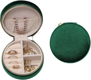 BLUTETE Velvet Travel Jewelry Case Small Round Travel Jewelry Organizer Jewelry Accessory Storage Case Gift Jewelry Box (Forest Green/Round)