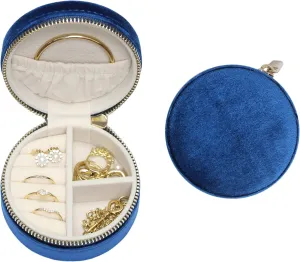 BLUTETE Velvet Travel Jewelry Case Small Round Travel Jewelry Organizer Jewelry Accessory Storage Case Gift Jewelry Box (Midnight Blue/Round)