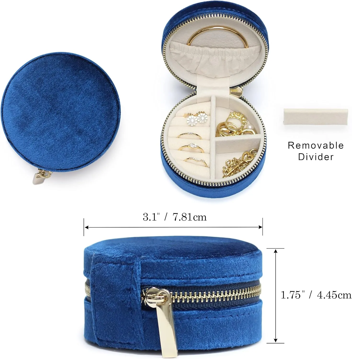 BLUTETE Velvet Travel Jewelry Case Small Round Travel Jewelry Organizer Jewelry Accessory Storage Case Gift Jewelry Box (Midnight Blue/Round)