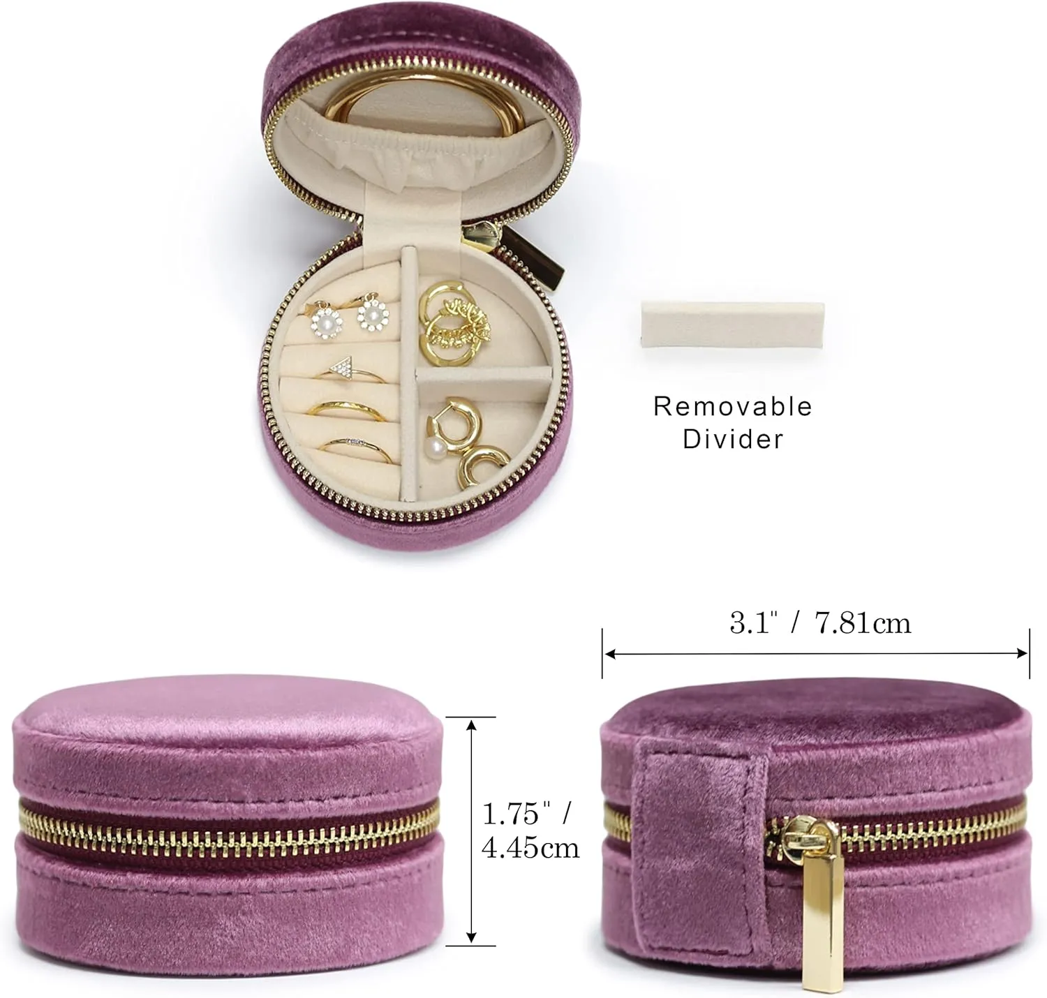 BLUTETE Velvet Travel Jewelry Case Small Round Travel Jewelry Organizer Jewelry Accessory Storage Case Gift Jewelry Box (Purple/Round)