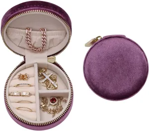 BLUTETE Velvet Travel Jewelry Case Small Round Travel Jewelry Organizer Jewelry Accessory Storage Case Gift Jewelry Box (Purple/Round)