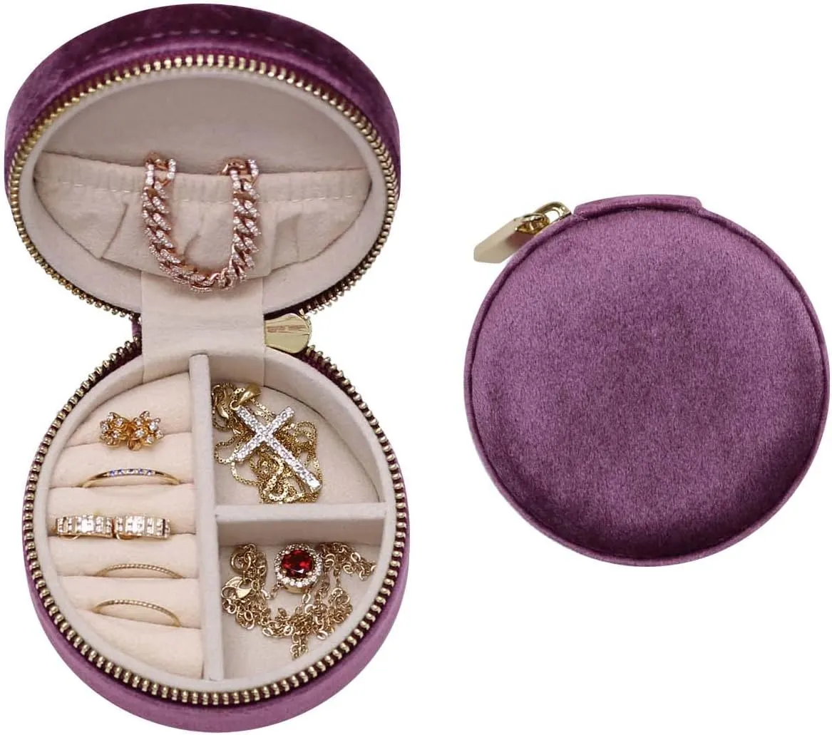 BLUTETE Velvet Travel Jewelry Case Small Round Travel Jewelry Organizer Jewelry Accessory Storage Case Gift Jewelry Box (Purple/Round)