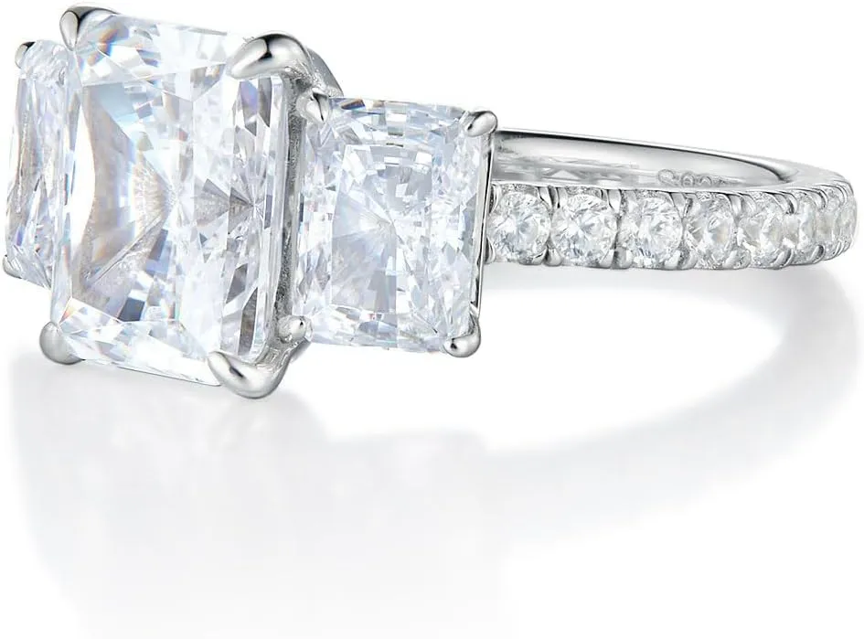 Bo.Dream Promise Rings for Her Emerald/Cushion/Radiant Cut 5ct 3-stone Cubic Zirconia Platinum Plated 925 Silver
