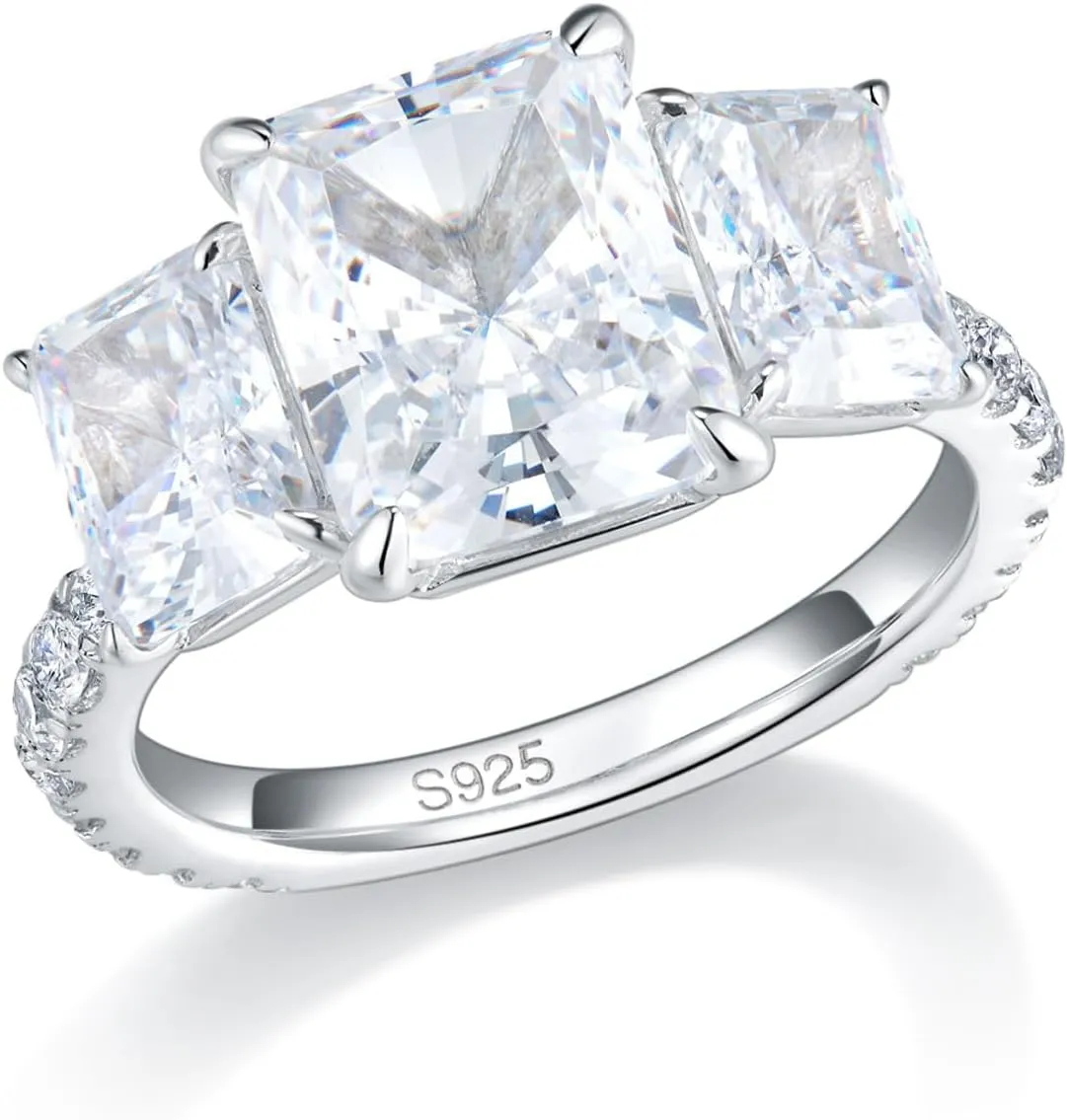 Bo.Dream Promise Rings for Her Emerald/Cushion/Radiant Cut 5ct 3-stone Cubic Zirconia Platinum Plated 925 Silver
