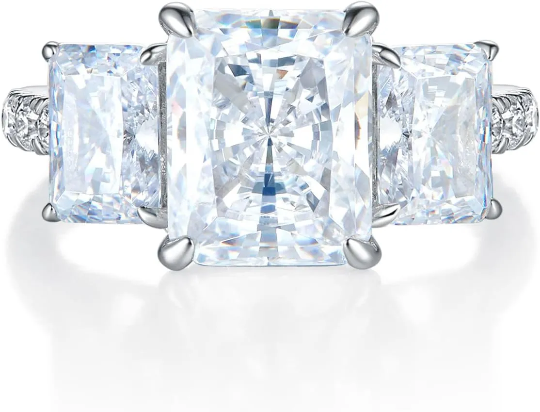 Bo.Dream Promise Rings for Her Emerald/Cushion/Radiant Cut 5ct 3-stone Cubic Zirconia Platinum Plated 925 Silver