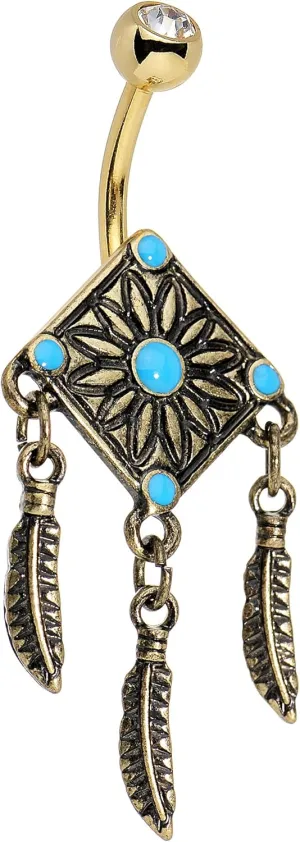Body Candy Anodized Steel Blue Accent Aztec Feather Dangle Belly Ring