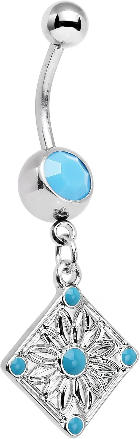Body Candy Stainless Steel Blue Green Accent Treasured Emblem Dangle Belly Ring
