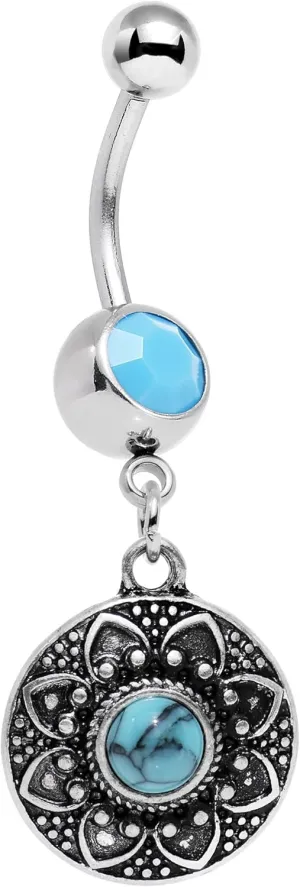 Body Candy Stainless Steel Brilliant Blue Accent Southwestern Flower Power Disc Dangle Belly Ring