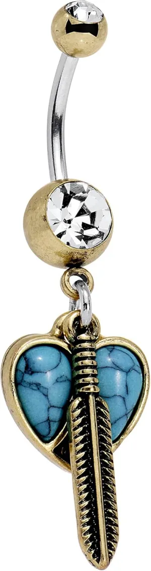 Body Candy Stainless Steel Brilliant Blue Clear Accent Heart Forever Feather Dangle Belly Ring