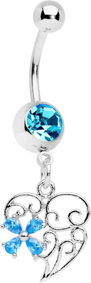 Body Candy Stainless Steel Filigree Heart Flower Dangle Belly Ring