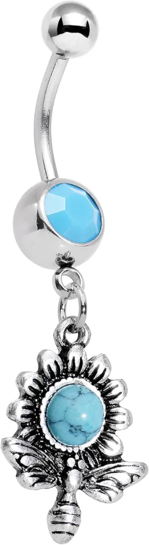Body Candy Steel Blue Accent Buzzing Bee Favorite Flower Dangle Belly Ring