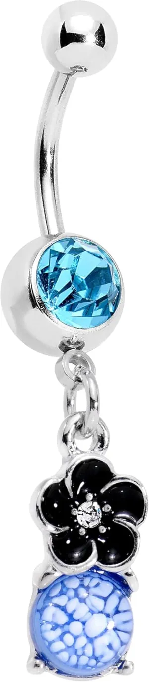 Body Candy Steel Brilliant Blue Accent Blue White Cracked Orb Black Garden Flower Dangle Belly Ring