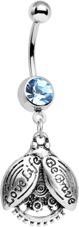 Body Candy Steel Brilliant Blue Accent Love Life Be Brave Leaf Steampunk Gears Dangle Belly Ring