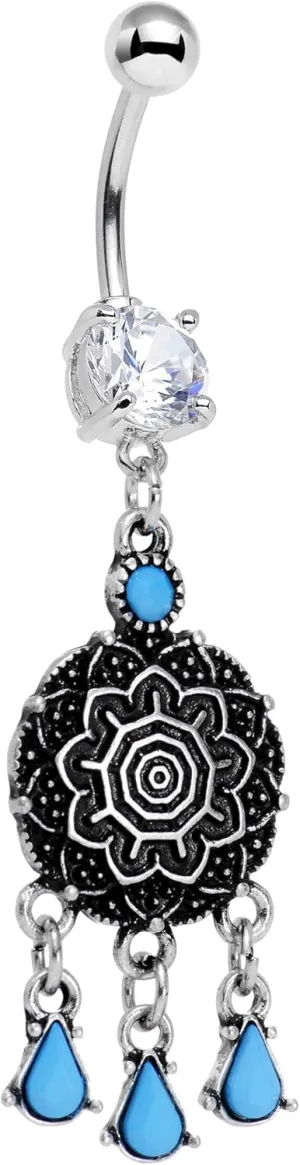 Body Candy Steel Clear Accent Blue Drops Southwestern Style Leafy Lotus Disk Dangle Belly Ring