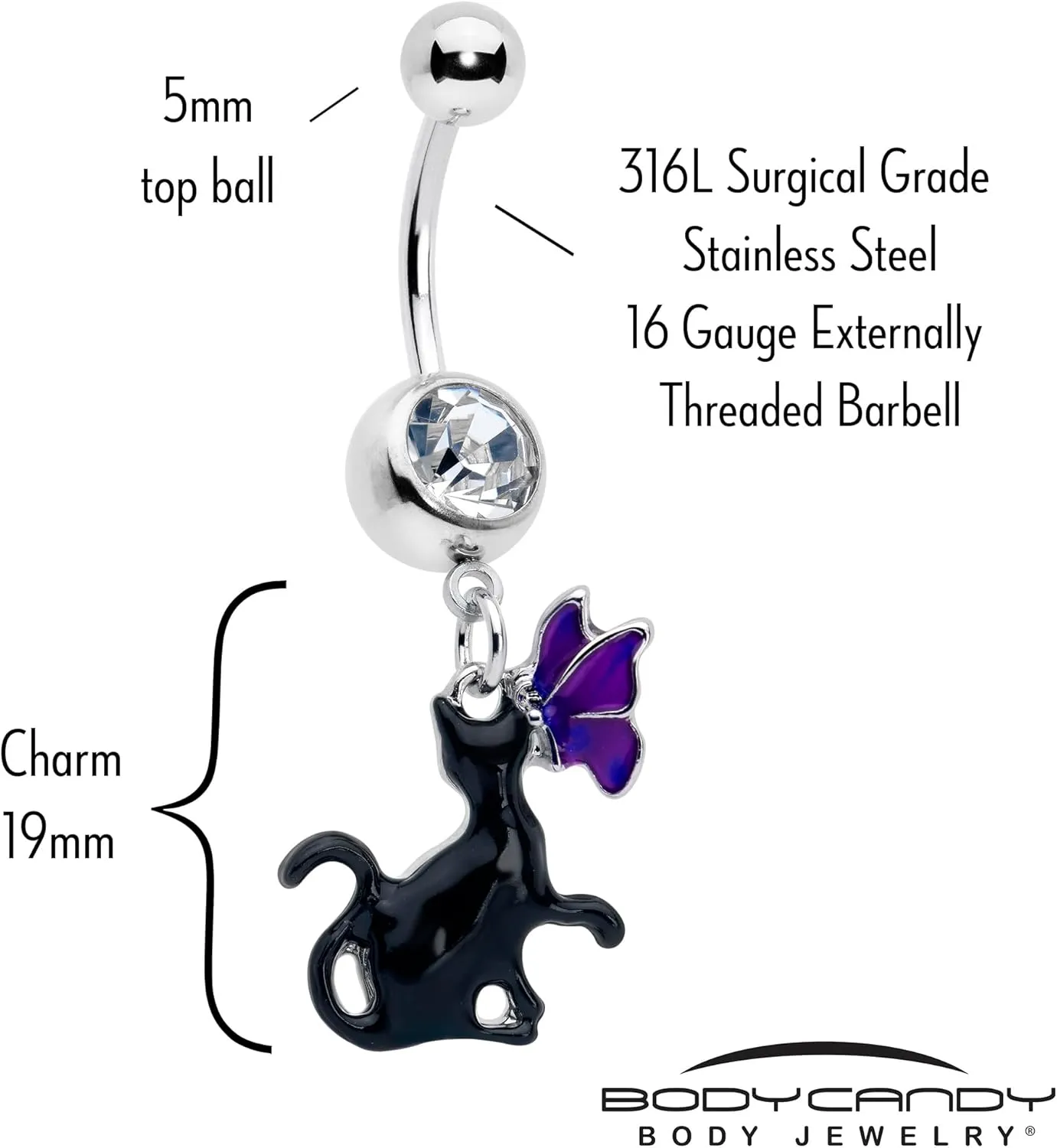 Body Candy Womens 14G 316L Stainless Steel Navel Ring Piercing Butterfly Black Cat Mens Dangle Belly Button Ring